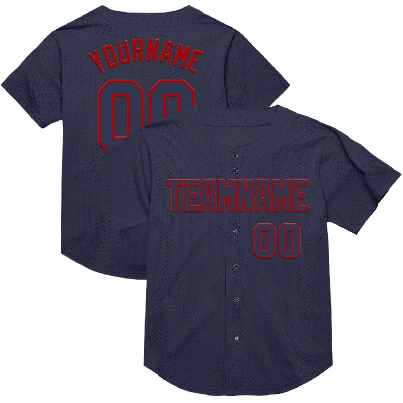 Baseball Jersey With Stretchable Fabric-Custom Navy Red Mesh Authentic Throwback Baseball Jersey