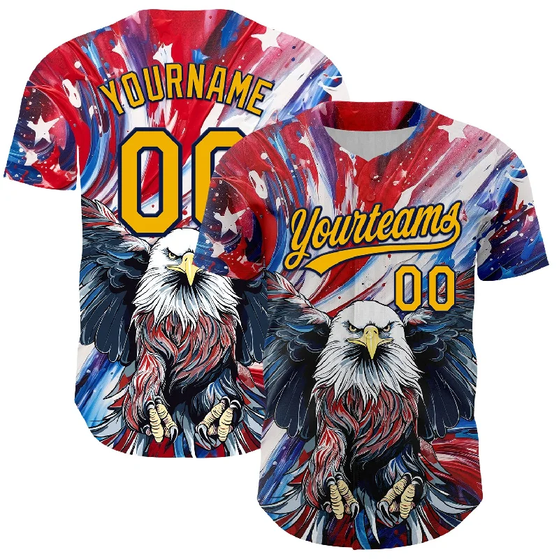 Baseball Jersey With Lightweight Fabric-Custom Red Gold-Navy 3D American Flag Eagle And Star Authentic Baseball Jersey