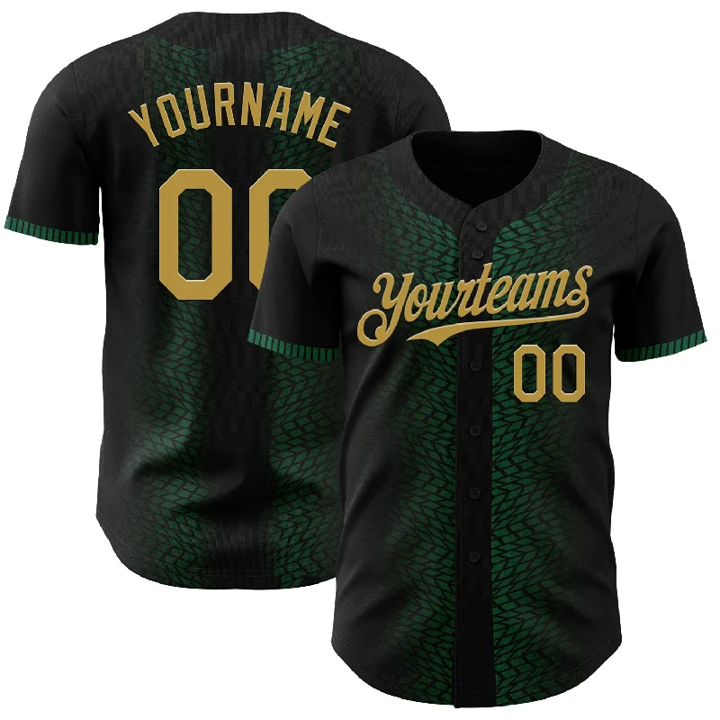 Baseball Jersey With Oversized Fit-Custom Black Old Gold-Kelly Green 3D Pattern Design Geometric Shapes Authentic Baseball Jersey