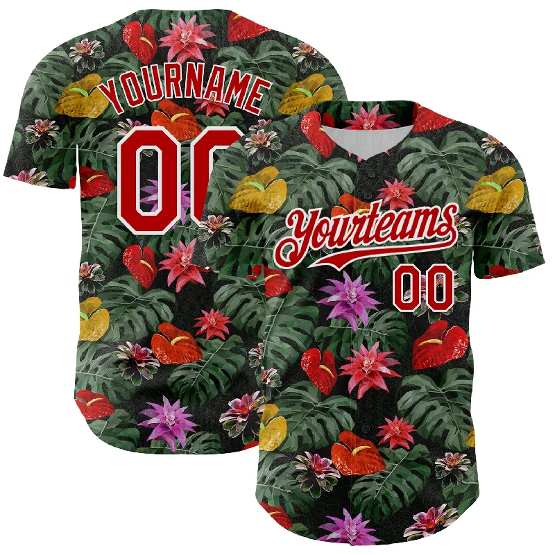 Baseball Jersey With Fleece Lining-Custom Kelly Green Red-White 3D Pattern Design Tropical Anthurium Flower Authentic Baseball Jersey