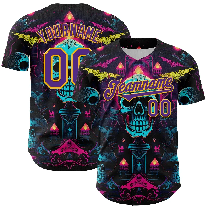 Baseball Jersey With Tagless Collar-Custom Black Purple-Gold 3D Pattern Design Rave Skull Authentic Baseball Jersey