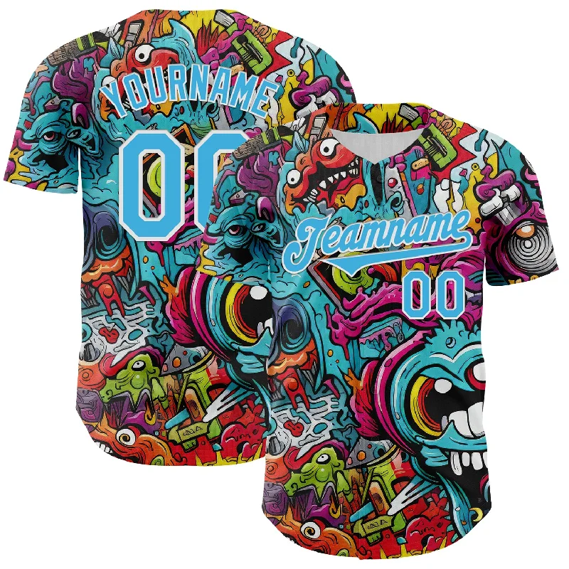 Baseball Jersey With Adjustable Fit-Custom White Sky Blue 3D Pattern Design Rave Psychedelic Authentic Baseball Jersey