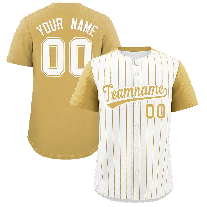 Baseball Jersey With Silicone Patch-Custom White Old Gold Pinstripe Personalized Two-Tone Authentic Baseball Jersey