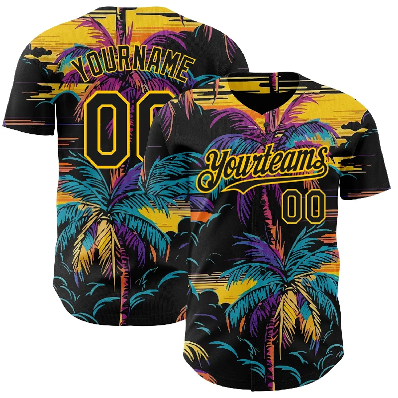 Baseball Jersey With Neon Accents-Custom Black Yellow 3D Pattern Design Tropical Hawaii Palms Trees Authentic Baseball Jersey