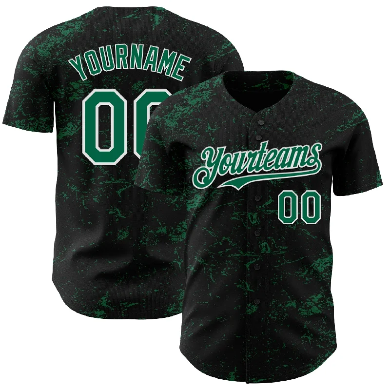 Baseball Jersey With Snap-Front Closure-Custom Black Kelly Green-White 3D Pattern Design Abstract Splatter Texture Authentic Baseball Jersey