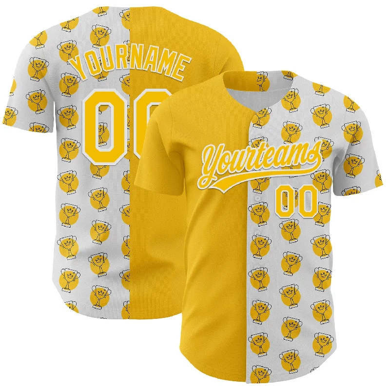 Baseball Jersey With Puffy Print-Custom White Yellow 3D Pattern Design Champion Trophy Authentic Baseball Jersey