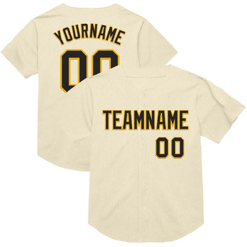 Baseball Jersey For Winter Training-Custom Cream Black-Gold Mesh Authentic Throwback Baseball Jersey