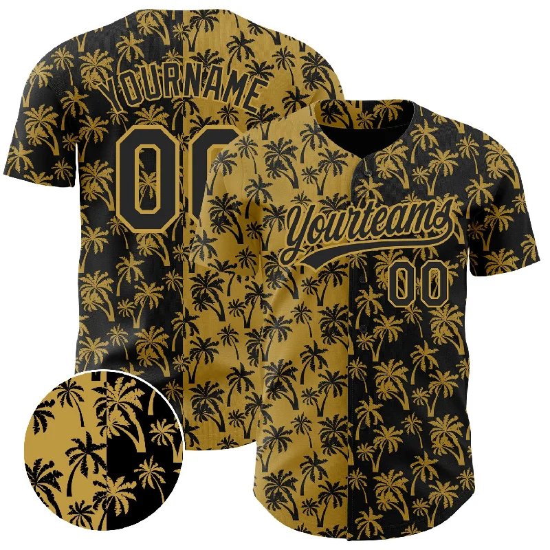 Baseball Jersey With Eco-Friendly Material-Custom Old Gold Black 3D Pattern Design Tropical Hawaii Palm Trees Authentic Baseball Jersey