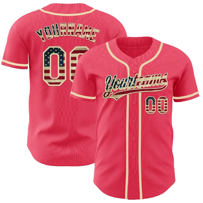 Baseball Jersey For Game Day-Custom Neon Pink Vintage USA Flag-Cream Authentic Baseball Jersey