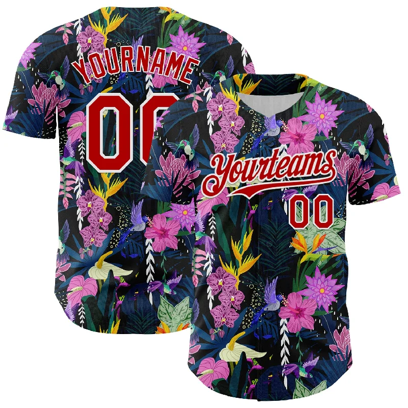 Baseball Jersey With Hooded Design-Custom Black Red-White 3D Pattern Design Tropical Anthurium Flower Authentic Baseball Jersey