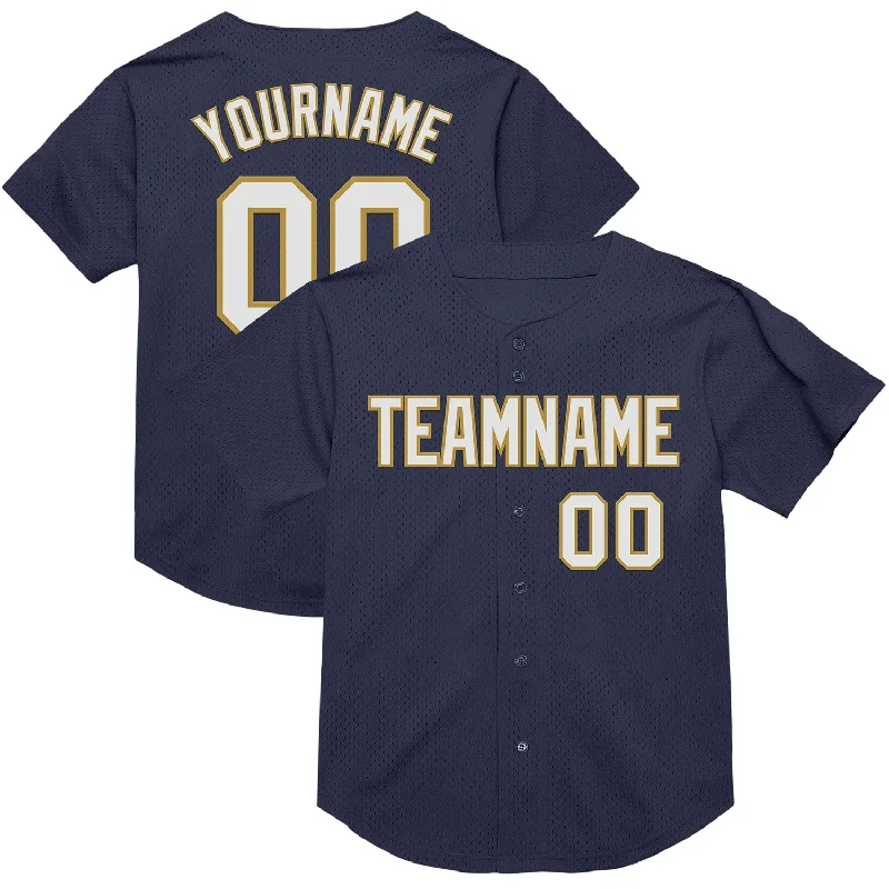 Baseball Jersey With Red And Blue-Custom Navy White-Old Gold Mesh Authentic Throwback Baseball Jersey