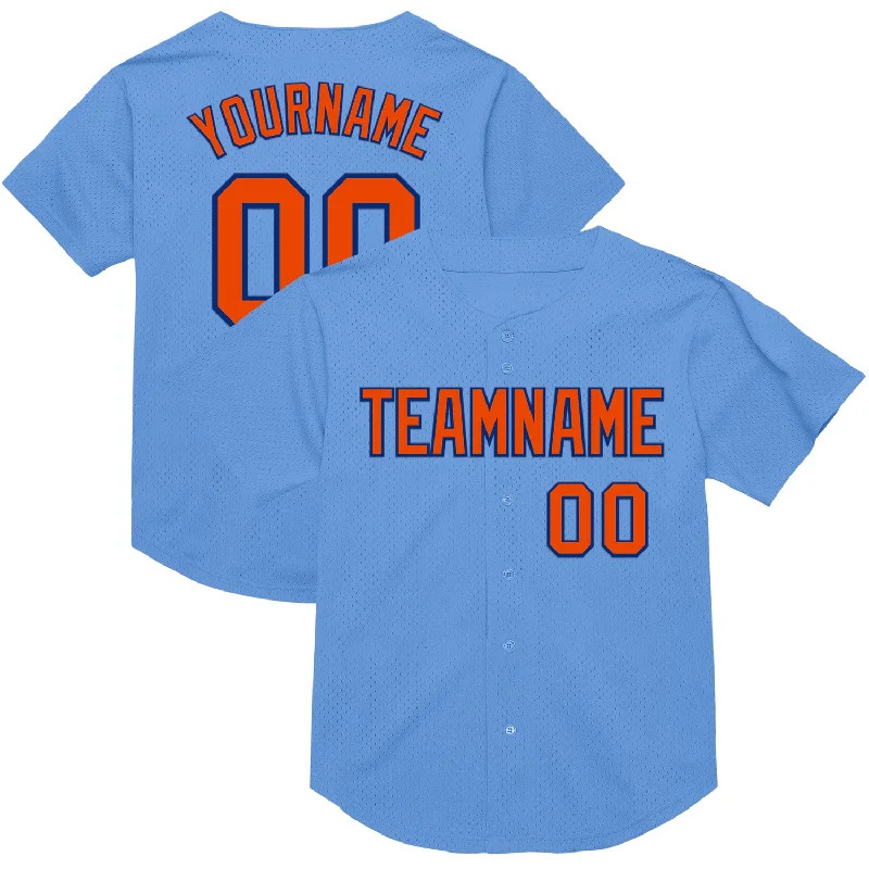 Baseball Jersey With Heat-Sealed Graphics-Custom Light Blue Orange-Royal Mesh Authentic Throwback Baseball Jersey