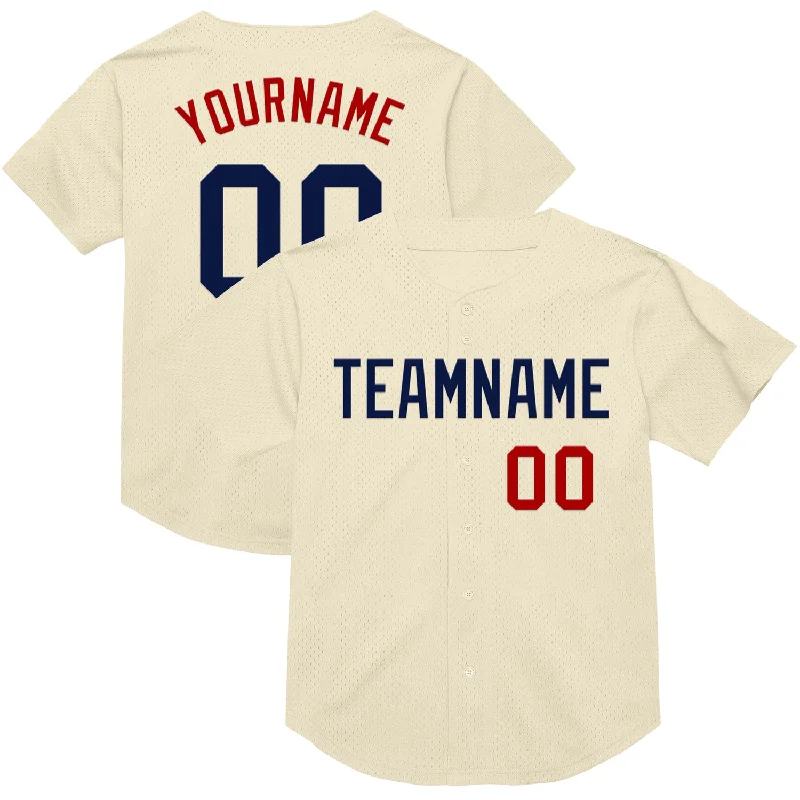 Baseball Jersey With Premium Stitching-Custom Cream Navy-Red Mesh Authentic Throwback Baseball Jersey