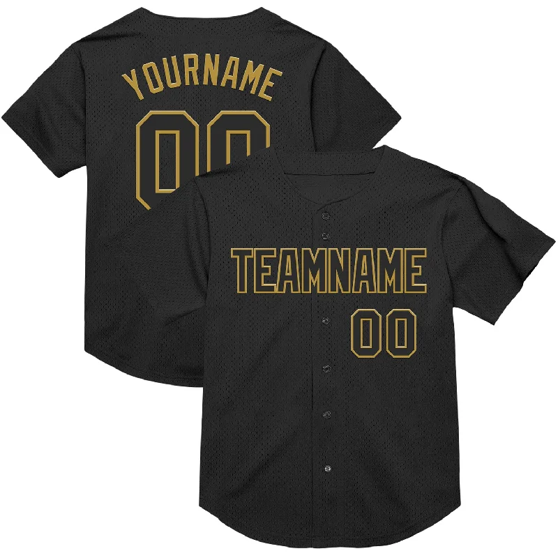 Baseball Jersey With Side Vents-Custom Black Old Gold Mesh Authentic Throwback Baseball Jersey