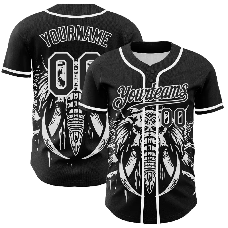 Baseball Jersey With Heat-Pressed Graphics-Custom Black White 3D Pattern Design Rave Mastodons Head Authentic Baseball Jersey