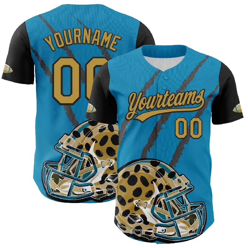 Baseball Jersey With Varsity Style-Custom Panther Blue Old Gold-Black 3D Pattern Design Football Jaguar Helmet And Animal Claw Authentic Baseball Jersey