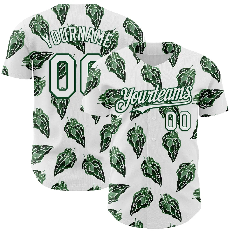 Baseball Jersey With Heat-Pressed Graphics-Custom White Kelly Green 3D Pattern Design Tropical Anthurium Crystal Authentic Baseball Jersey