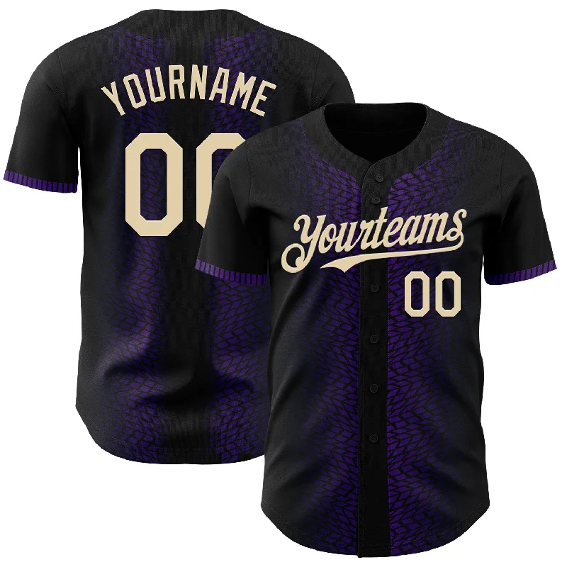 Baseball Jersey With Elastic Cuffs-Custom Black Cream-Purple 3D Pattern Design Geometric Shapes Authentic Baseball Jersey