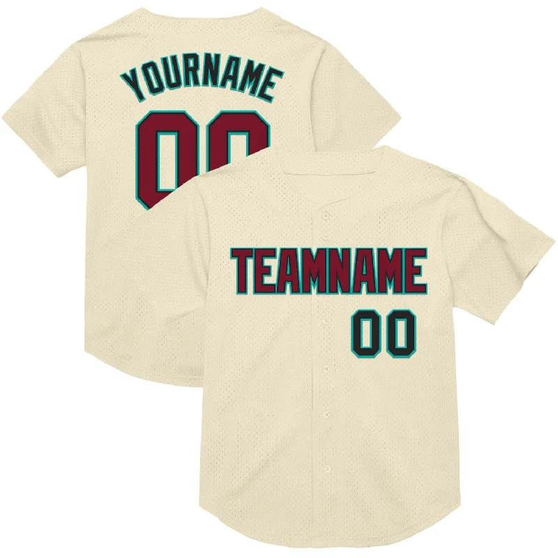 Baseball Jersey With Vintage Logos-Custom Cream Crimson Black-Aqua Mesh Authentic Throwback Baseball Jersey