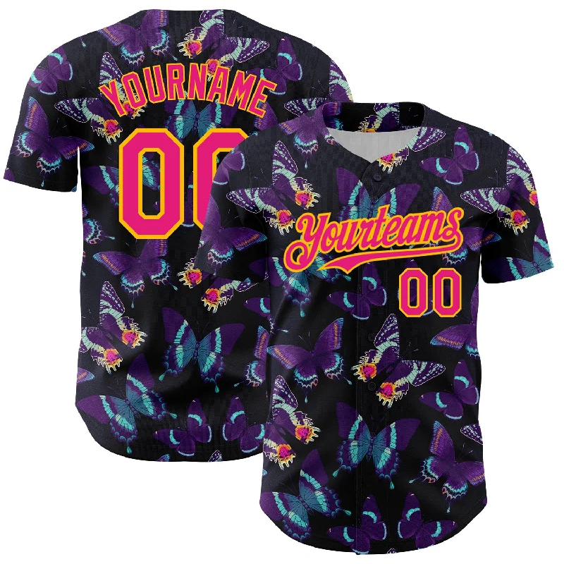 Baseball Jersey With Team Mascot-Custom Black Hot Pink-Yellow 3D Pattern Design Animal Butterfly Authentic Baseball Jersey