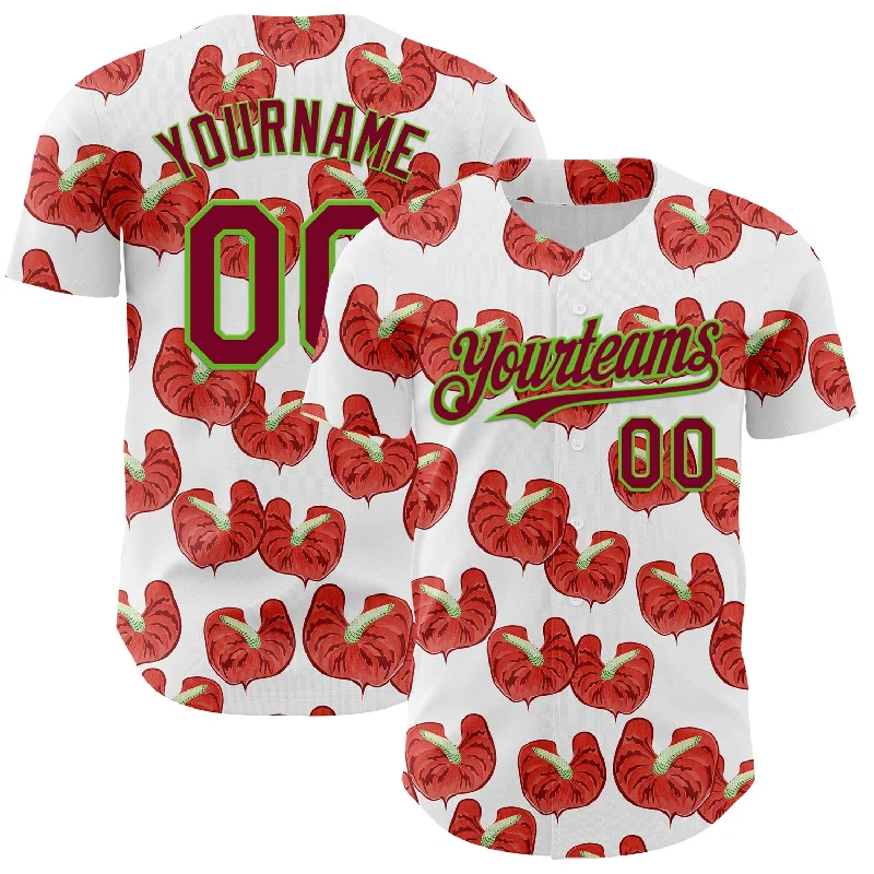 Baseball Jersey For Custom Teams-Custom White Maroon-Aurora Green 3D Pattern Design Tropical Anthurium Flower Authentic Baseball Jersey