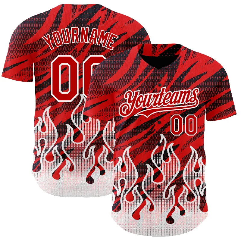 Baseball Jersey With Metallic Details-Custom Red Black-White 3D Pattern Design Flame Authentic Baseball Jersey