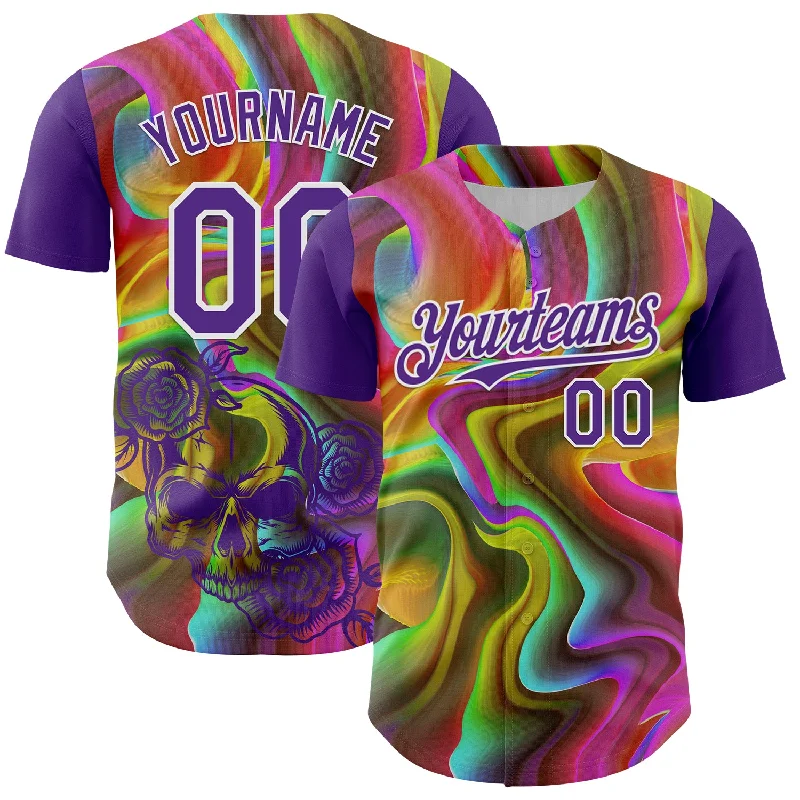 Baseball Jersey For Travel Teams-Custom Purple White 3D Pattern Design Rave Psychedelic Liquid And Skull Authentic Baseball Jersey