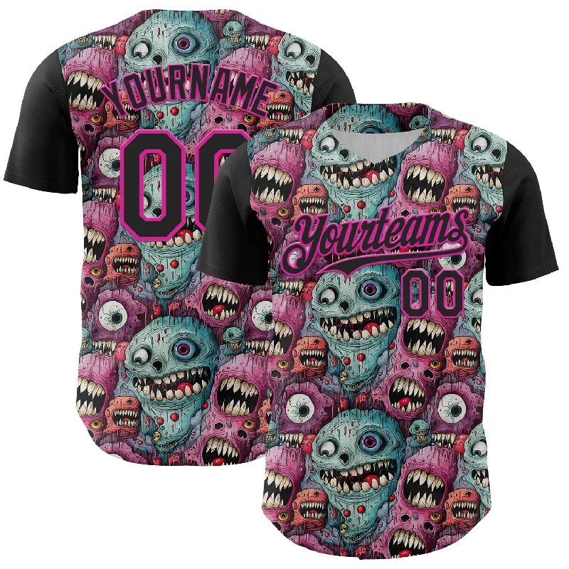 Baseball Jersey For Youth Teams-Custom Black Deep Pink 3D Pattern Design Rave Monster Authentic Baseball Jersey