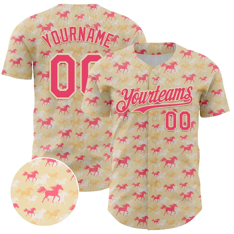 Baseball Jersey With Throwback Style-Custom Cream Neon Pink 3D Pattern Design Animal Horse Authentic Baseball Jersey