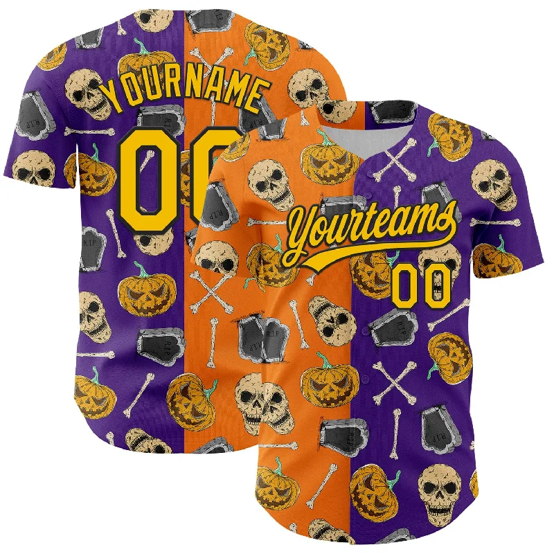 Baseball Jersey For Training-Custom Purple Yellow Bay Orange-Black 3D Pattern Halloween Skull Authentic Baseball Jersey