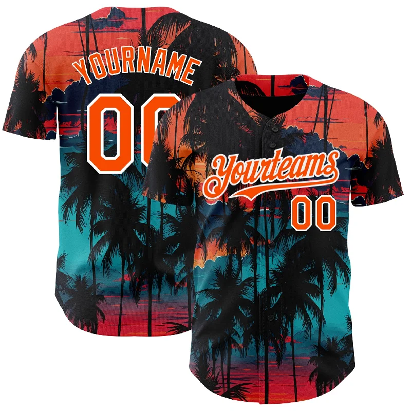 Baseball Jersey With Adjustable Sleeves-Custom Black Orange-White 3D Pattern Design Tropical Hawaii Palms Trees Authentic Baseball Jersey