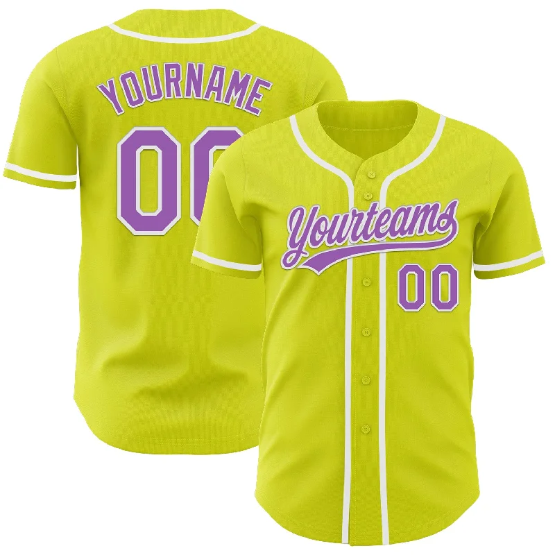 Baseball Jersey With Short Sleeves-Custom Neon Yellow Medium Purple-White Authentic Baseball Jersey