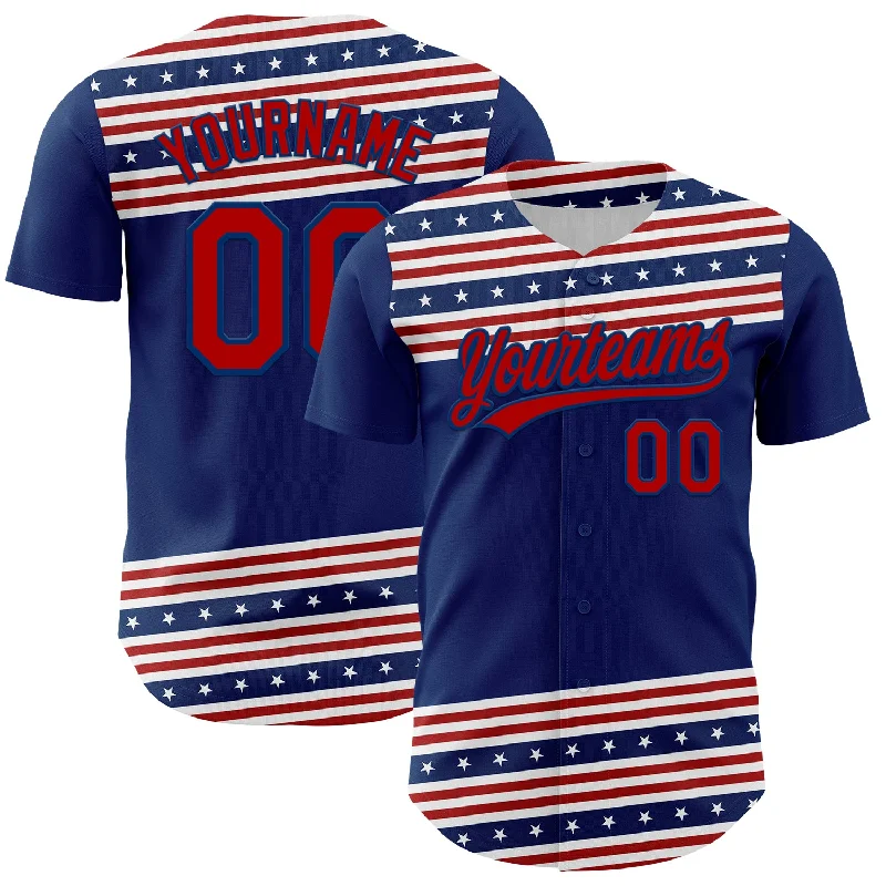 Baseball Jersey With Patches-Custom US Navy Blue Red 3D American Flag And Star Authentic Baseball Jersey