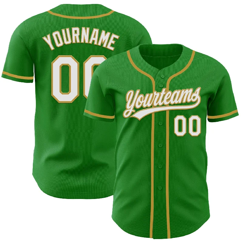 Baseball Jersey With Number Patch-Custom Grass Green White-Old Gold Authentic Baseball Jersey