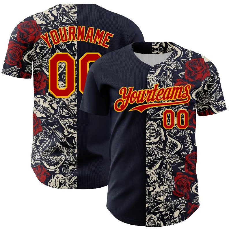 Baseball Jersey For Women-Custom Navy Red-Gold 3D Pattern Design Vintage Tattoos Authentic Baseball Jersey