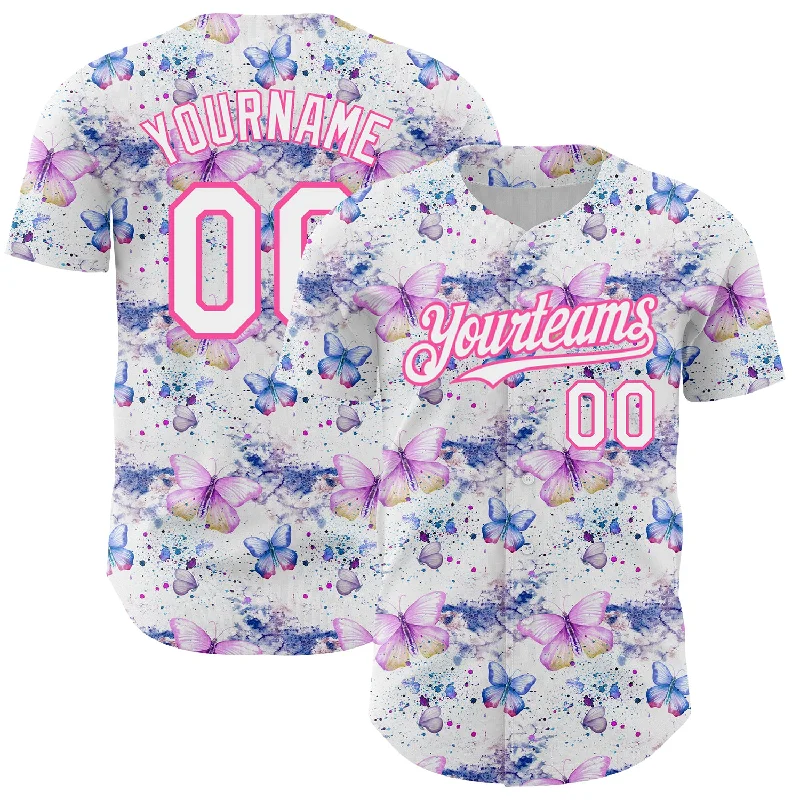 Baseball Jersey With Elastic Cuffs-Custom White Pink 3D Pattern Design Animal Butterfly Authentic Baseball Jersey