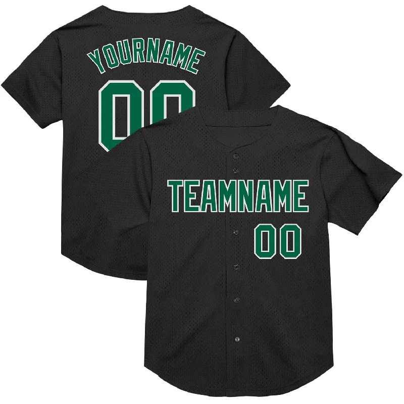 Baseball Jersey With Cotton Blend-Custom Black Kelly Green-White Mesh Authentic Throwback Baseball Jersey