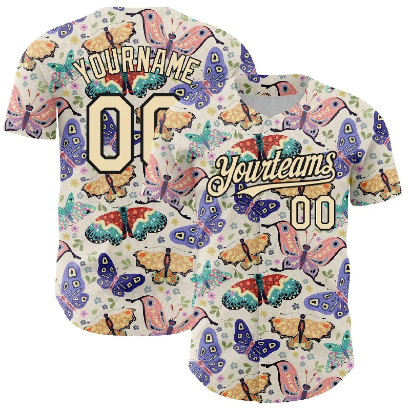 Baseball Jersey For Collectors-Custom Cream Black 3D Pattern Design Animal Butterfly Authentic Baseball Jersey