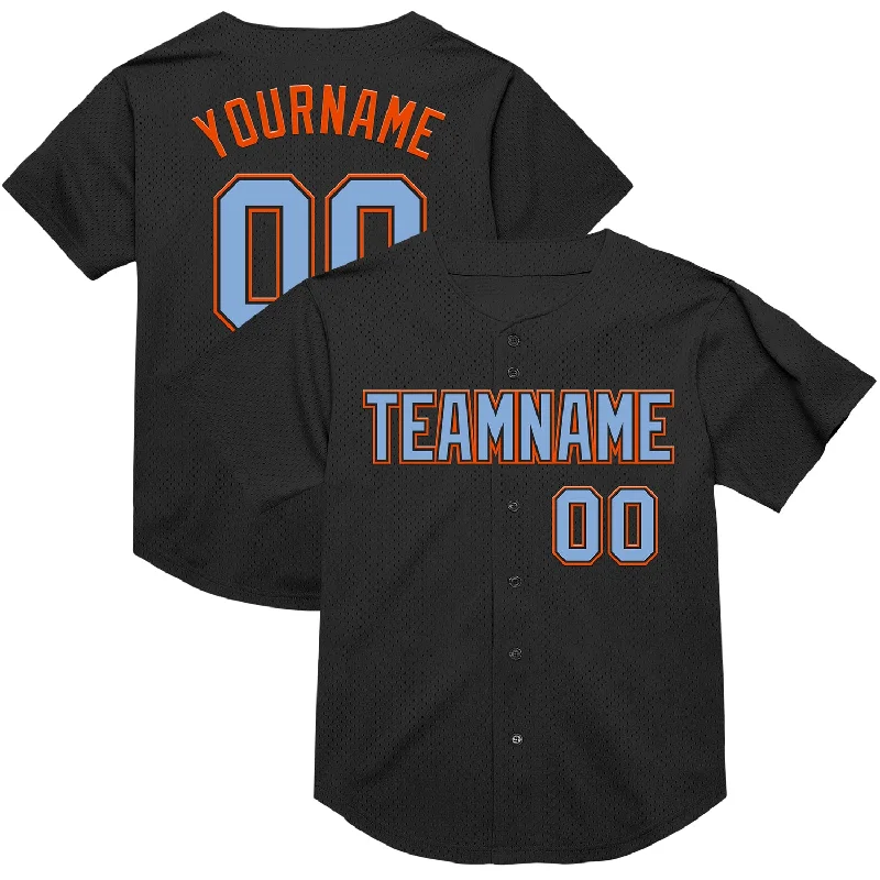 Baseball Jersey With Heat-Sealed Graphics-Custom Black Light Blue-Orange Mesh Authentic Throwback Baseball Jersey