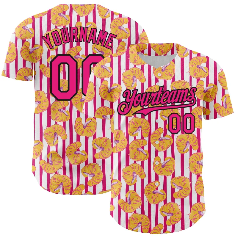 Baseball Jersey With City Edition-Custom White Hot Pink-Black 3D Pattern Design Tropical Anthurium Flower Authentic Baseball Jersey