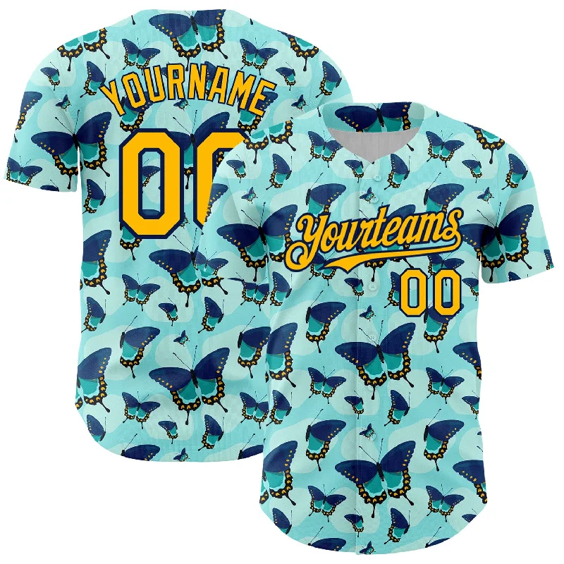 Baseball Jersey With Snap Button Closure-Custom Ice Blue Gold-Navy 3D Pattern Design Animal Butterfly Authentic Baseball Jersey