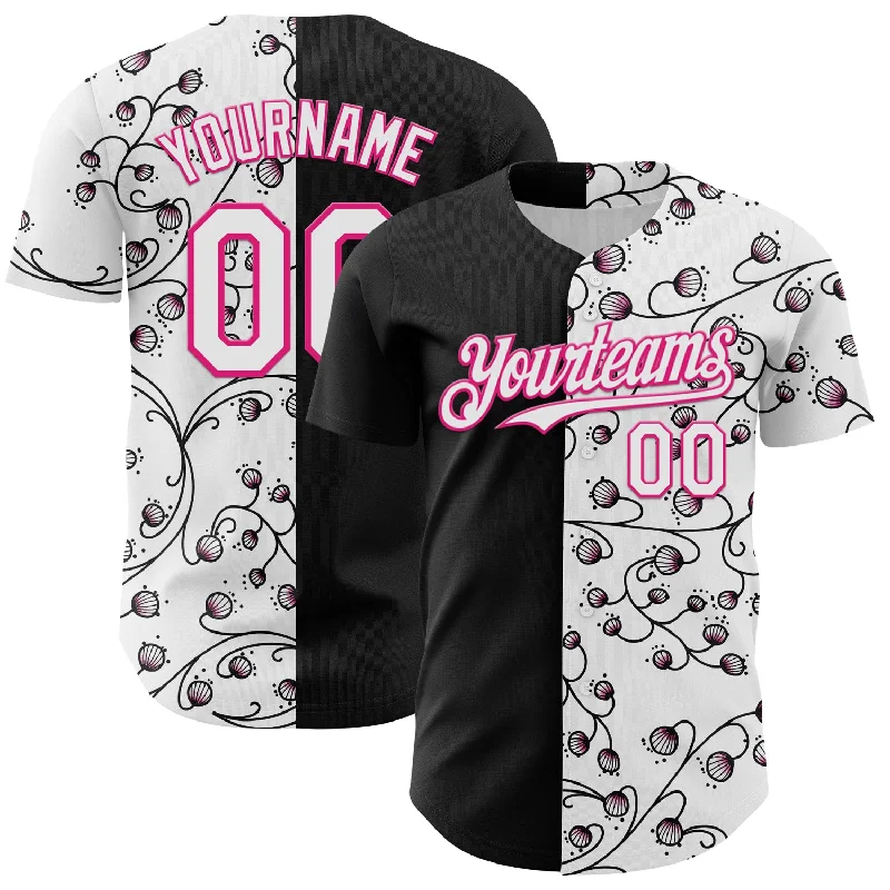 Baseball Jersey For Toddlers-Custom Black White-Hot Pink 3D Pattern Design Vintage Tattoos Authentic Baseball Jersey