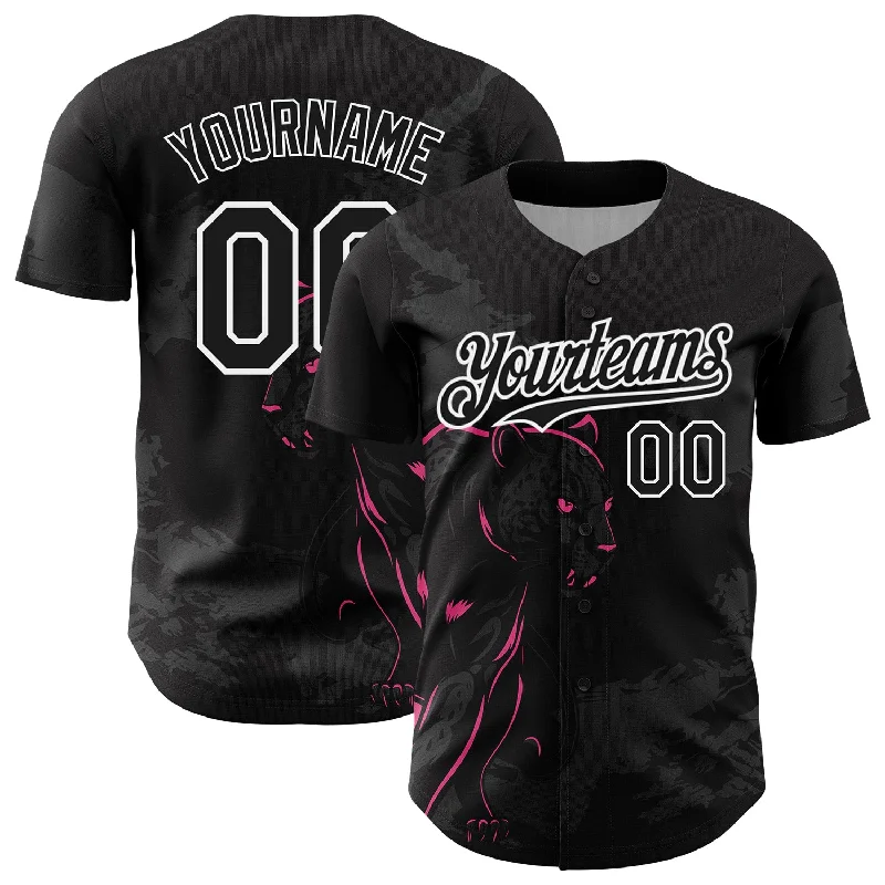 Baseball Jersey With Digital Print-Custom Black Pink-White 3D Pattern Design Animal Panther Authentic Baseball Jersey