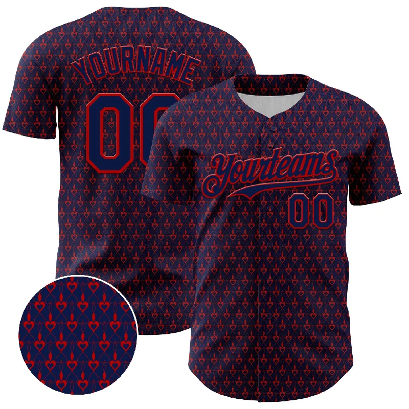 Baseball Jersey For Collectors-Custom Navy Red 3D Pattern Design Hearts Authentic Baseball Jersey