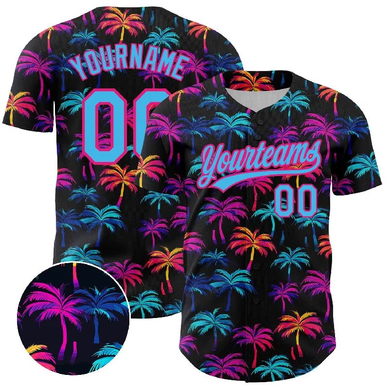 Baseball Jersey With Retro Team Logos-Custom Black Sky Blue-Hot Pink 3D Pattern Design Tropical Hawaii Palm Trees Authentic Baseball Jersey