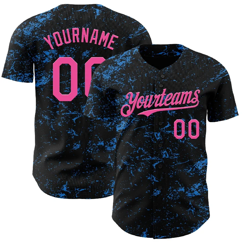 Baseball Jersey With High Collar-Custom Black Pink-Electric Blue 3D Pattern Design Abstract Splatter Texture Authentic Baseball Jersey