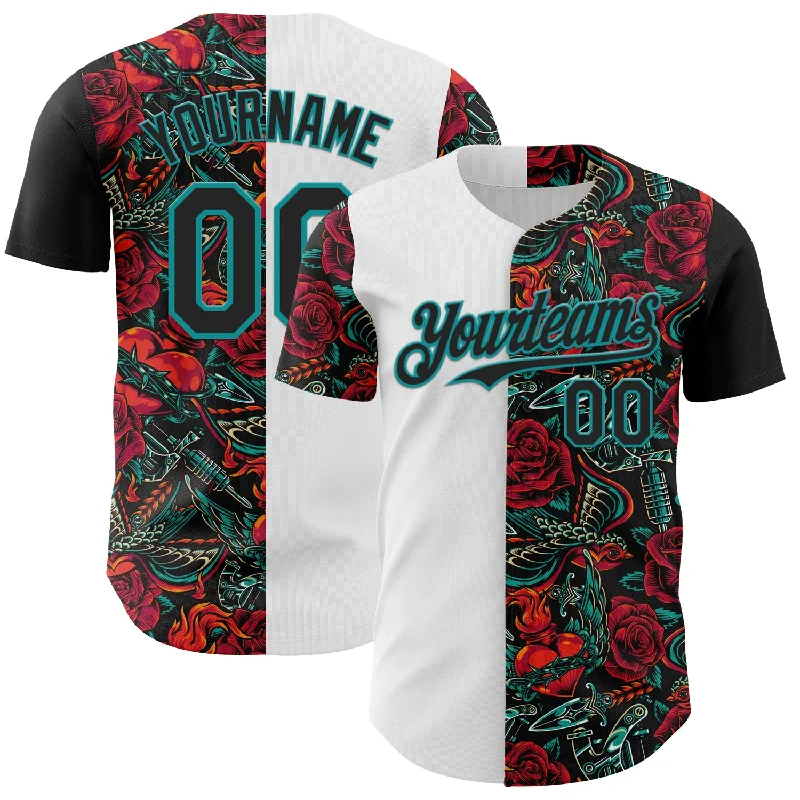 Baseball Jersey With Retro Style-Custom White Black-Teal 3D Pattern Design Vintage Tattoos Authentic Baseball Jersey