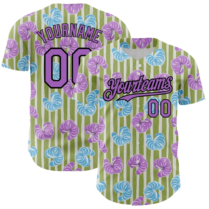 Baseball Jersey With Player Tribute-Custom Olive Medium Purple-Black 3D Pattern Design Tropical Anthurium Flower Authentic Baseball Jersey