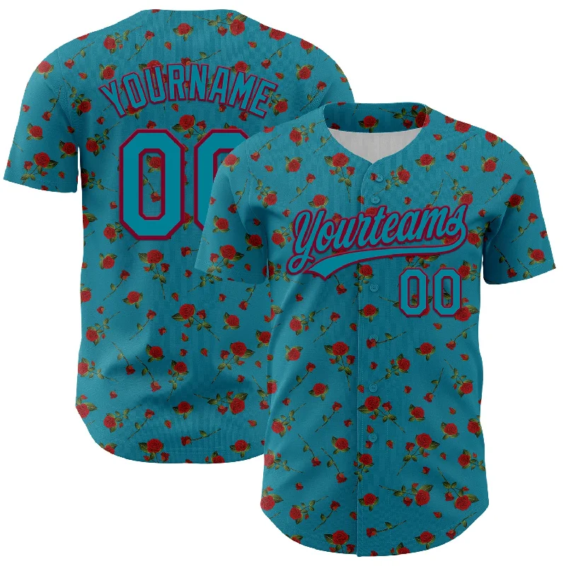 Baseball Jersey For Little League-Custom Teal Maroon 3D Pattern Design Gothic Style Rose Authentic Baseball Jersey