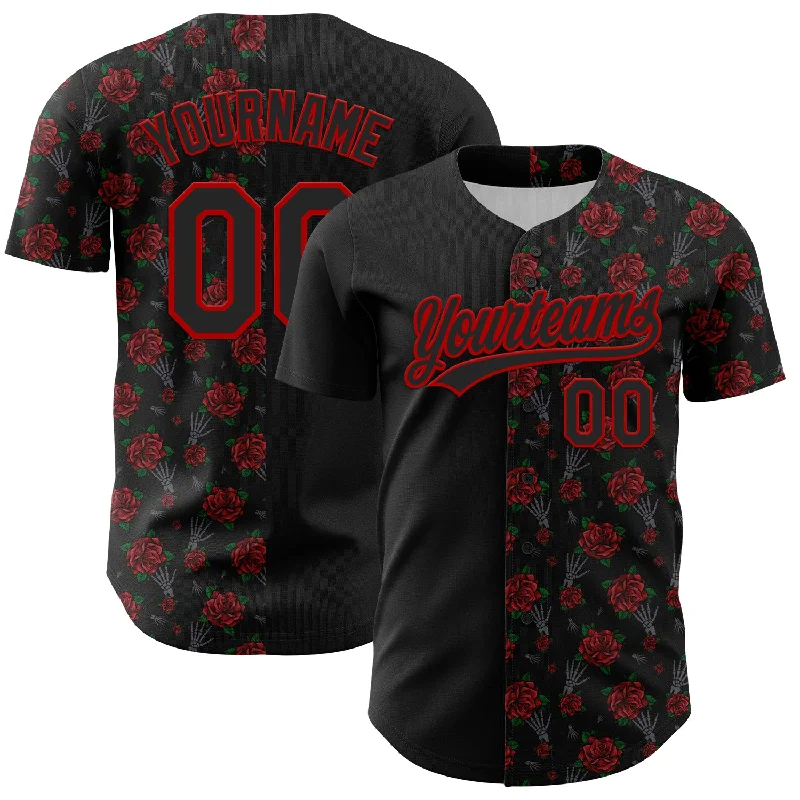 Baseball Jersey For Youth Teams-Custom Black Red 3D Pattern Design Gothic Style Rose Authentic Baseball Jersey